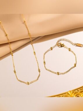 Delicate Gold Bead Chain Necklace and Bracelet Set